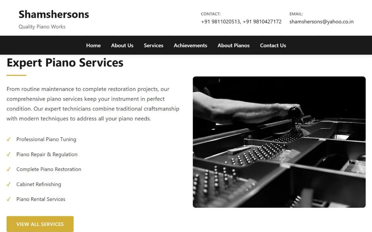 The Expert Piano Services section of the new Shamshersons site, with a photo of a piano being repaired
