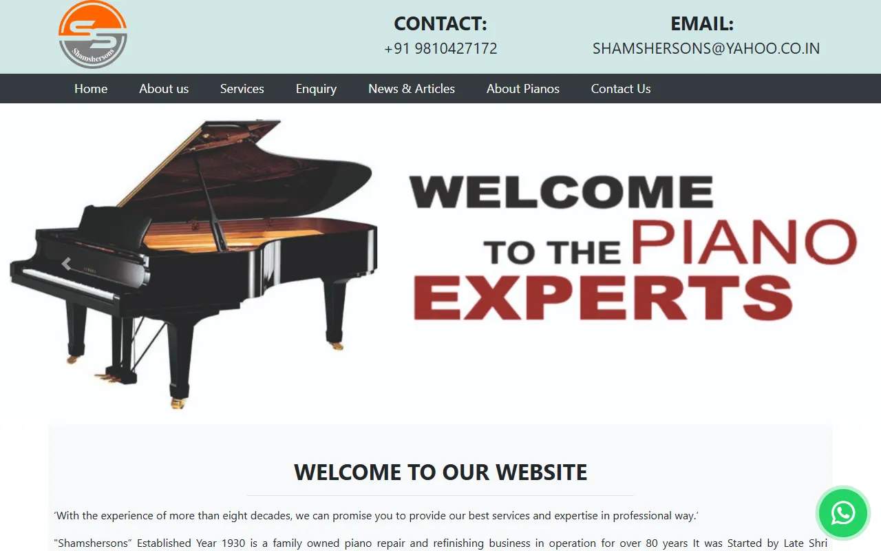 Before: the old Shamshersons homepage, with a grand piano photo beside the heading Welcome to the Piano Experts